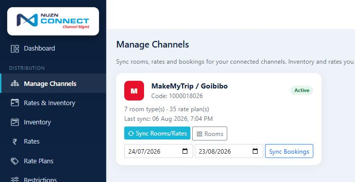NUZN Connect manage channels screen syncing rooms, rates and bookings to connected OTAs